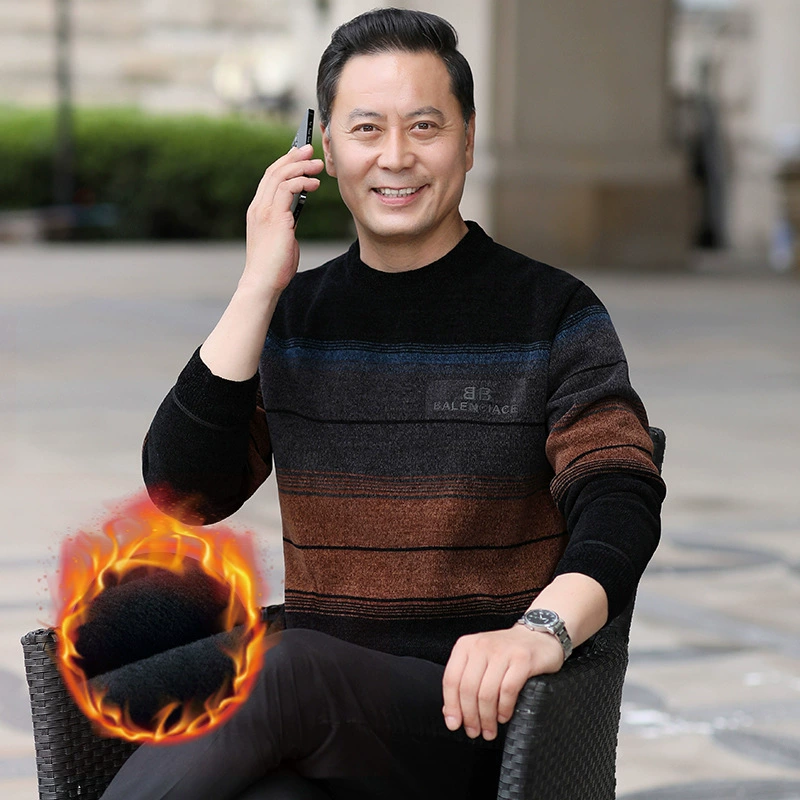 Зимний теплый свитер для папы, утолщенная вязаная Базовая рубашка с круглым вырезом для среднего и пожилого возраста, мужской свитер из синели на флисовой подкладке