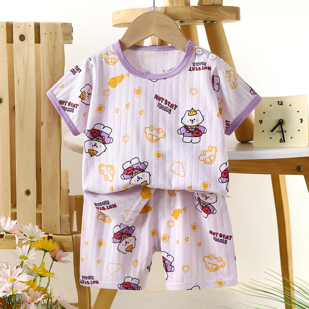 Nuevo traje de bebé de verano de dos piezas de manga corta de algodón para niños, pantalones cortos para bebés, ropa de casa delgada de dibujos animados