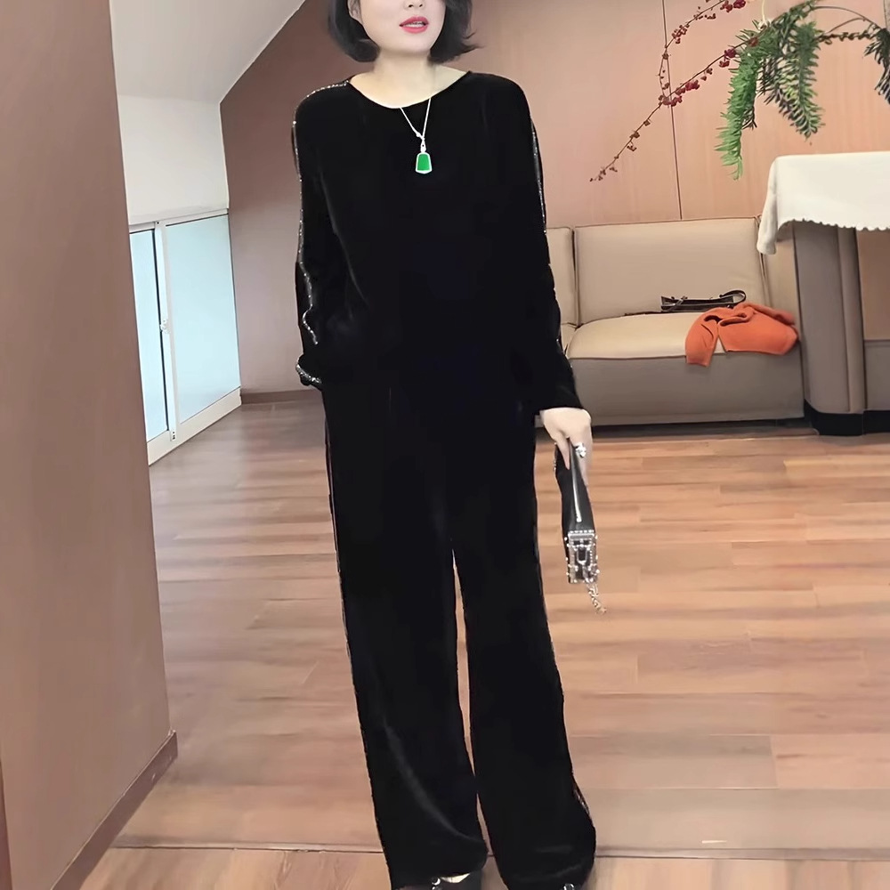 European casual fashion sports style suit spring and autumn new black round neck loose sweet cool sweater two-piece women's clothing