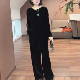 欧货休闲时尚运动风套装春秋新款黑色圆领宽松甜酷卫衣两件套女装