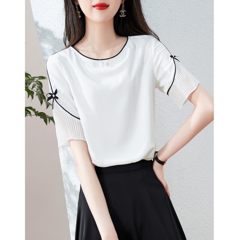 Summer elegant professional shirt with bow with a round collar