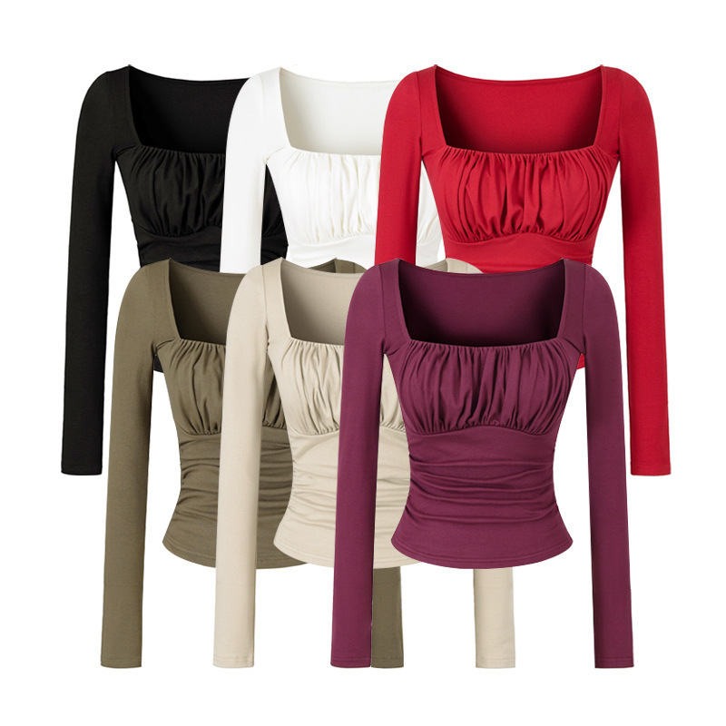 Slim-Fit Long-Sleeve T-Shirt for Women with Chest Pad, Pleated Design, Square Neckline, Solid Color Short Base Shirt for Autumn 2025