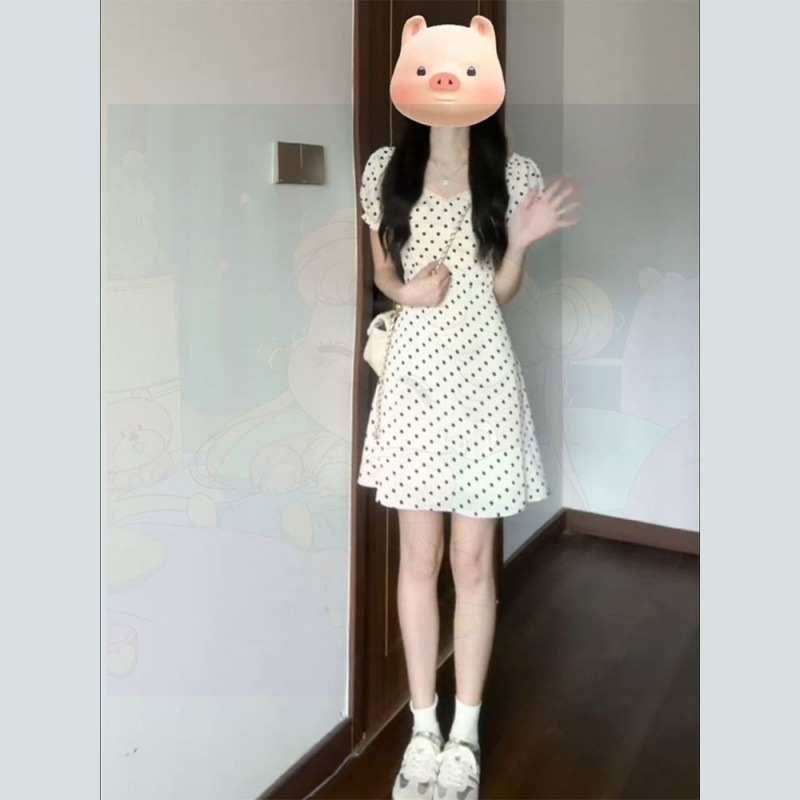 法式泡泡袖波点气质连衣裙子女夏2025新款韩系小个子显高收腰短裙|undefined