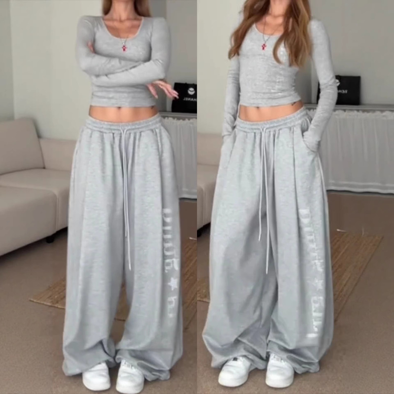 American Minimalist Style Gray Wide-Leg Casual Rhinestone Embellished Women's Loose-Fitting Floor-Length Drawstring Relaxed Sweatpants for Dancing and Sports