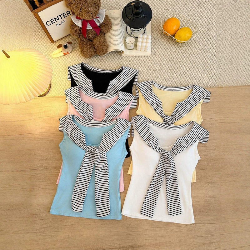Yellow V-Neck Camisole with Chest Pads for Women, Summer Korean Style Slim Fit, Flattering, Trendy Sailor Collar Design Top
