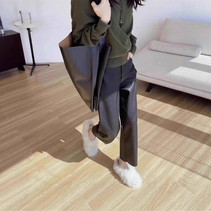 Spring and Autumn Versatile Soft Lambskin Straight-Leg Leather Pants Cropped Women's Simple High-Waisted Black Semi-Elastic Slimming Fashion