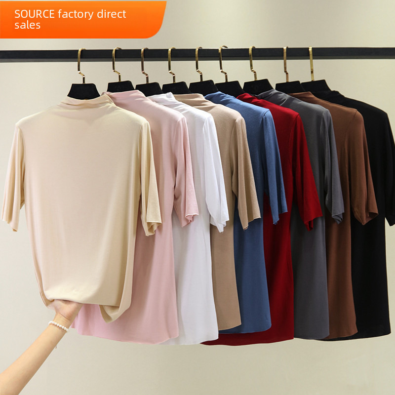 New Thin Half-High Collar Short-Sleeved Women's Top Modal T-Shirt Large Size All-Match Half-Sleeve Base-Layer Shirt Slim-Fit Interior