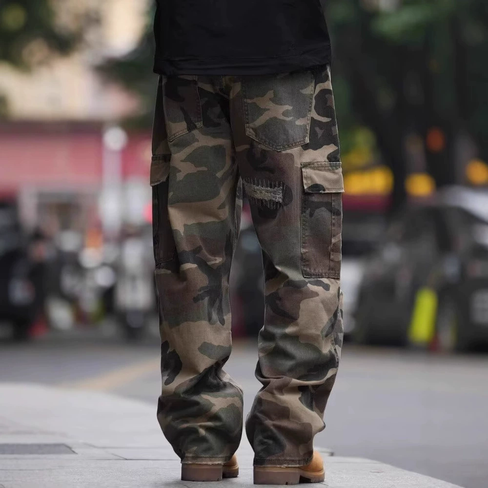 Камуфляжный дизайн джинсы, брюки, oversize, свободный прямой крой
