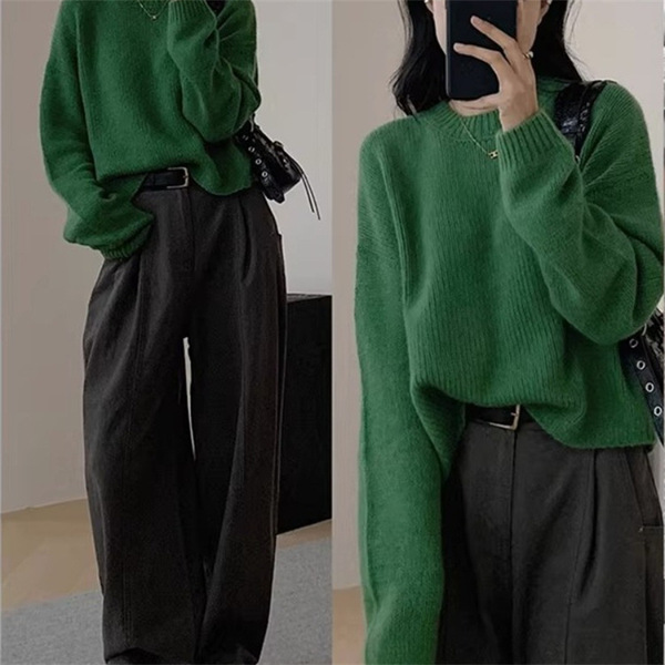 Solid color knitted spring base body-friendly sweater with a round…