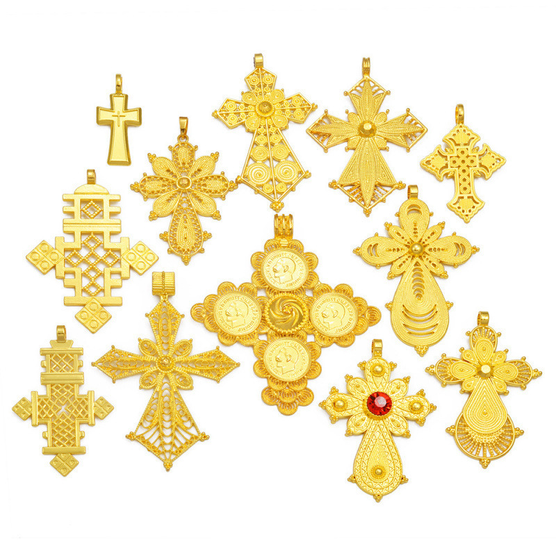 Annio Ethiopian Gold Color Cross Charms Pendant Necklaces Af|undefined