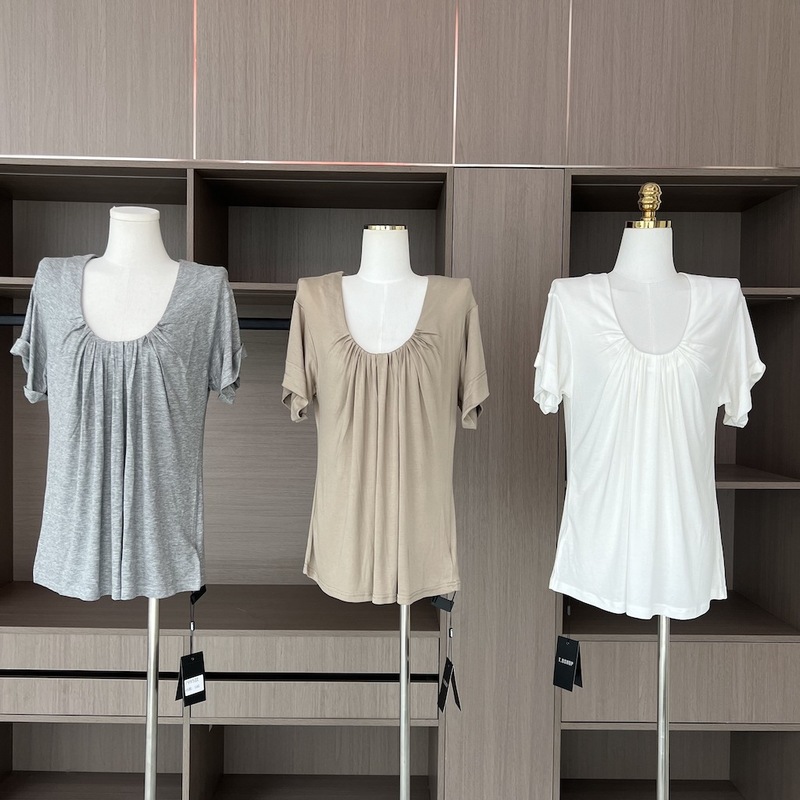 プリーツUネックショルダー半袖Tシャツレディース夏新作韓国風ハイエンド万能ルーズスリムトップ|undefined