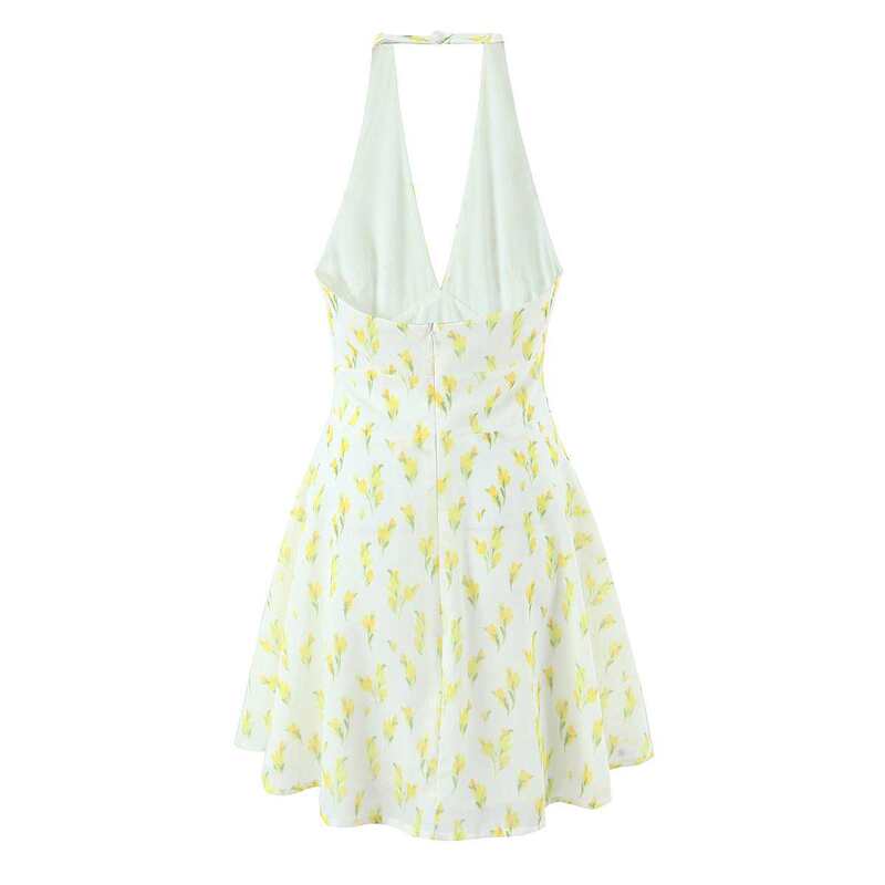 Dress Sweet Retro New Floral Mini Cross-Border Sexy French European and American Halter Neck Lemon Chiffon Print