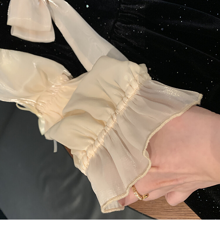 Girls' Spring and Autumn Long sleeved High end 2023 Western style Hepburn Small Fragrance Bow Bubble Sleeve Dress_voghion.com