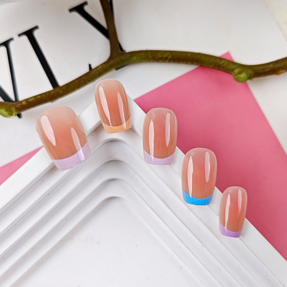 Esmalte de uñas trapezoidal francés de borde pastel desnudo 10 piezas de parche de uñas de ojo de gato de código dividido