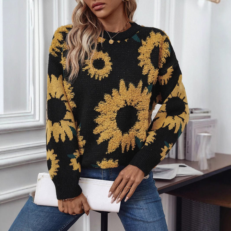 2024 European and American Cross-border Autumn and Winter New Top Sunflower Towel Embroidered Crewneck Long Sleeve Knitted Pullover Sweater for Women