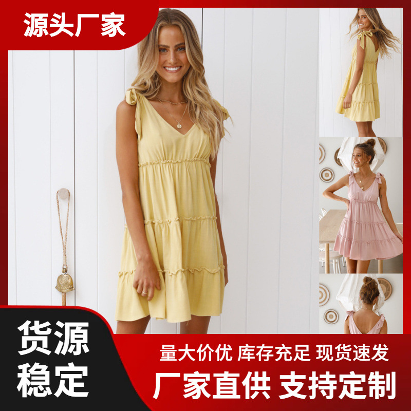 欧美外贸女装跨境货源独立站wish爆款棉麻短裙气质V领系带连衣裙