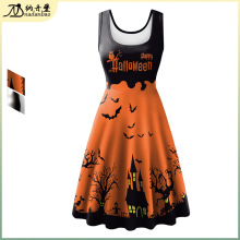 2024万圣节连衣裙欧美女装女士无袖裙子恐怖蝙蝠骨架数码印花裙子