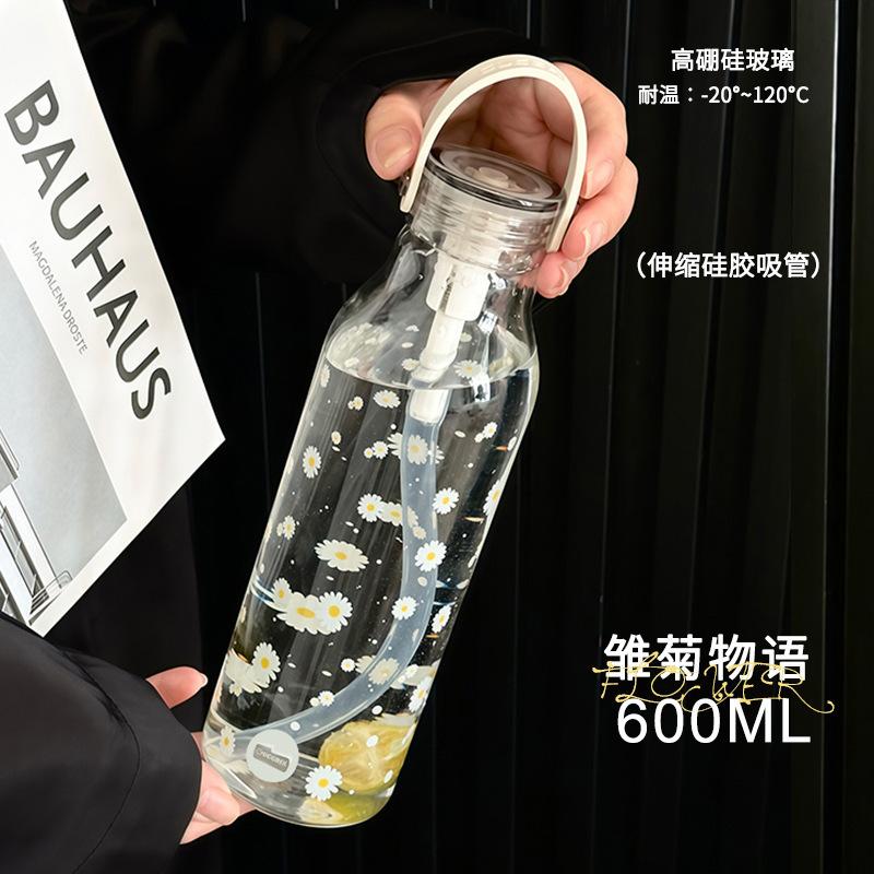 女士提手吸管杯便携带刻度水杯耐高温杯子家用咖啡杯高硼硅玻璃杯|undefined