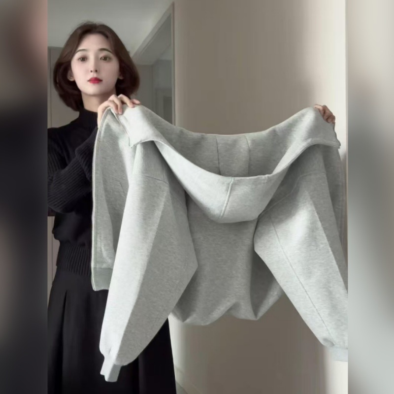 灰色宽松卫衣外套女连帽美式上衣秋季2025新款休闲重磅廓形慵懒风|undefined