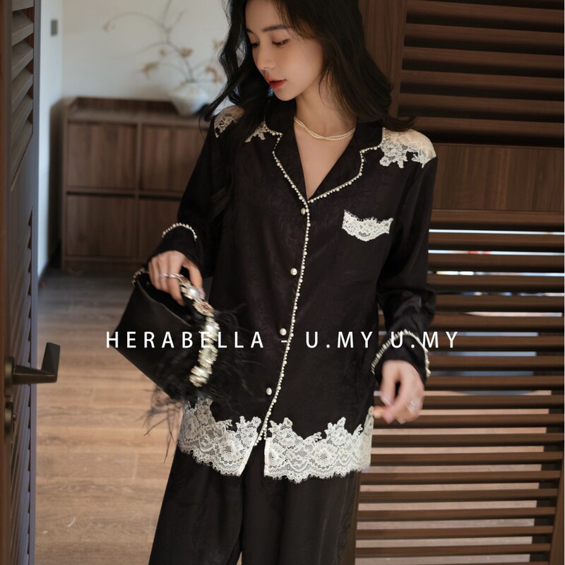 Hera Bella Spring and Autumn Light Luxury Jacquard Ice Silk Pearl Pajamas French Lace Trim Turn-down Collar Cardigan Loungewear Hera Bella Spring and Autumn Light Luxury Jacquard Ice Silk Pearl Pajamas French Lace Trim Turn-down Collar Cardigan Loungewear