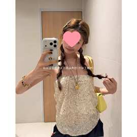 定染抽绳抹胸女2026渡假风花冉杏色短款露肩上衣设计感显瘦吊带