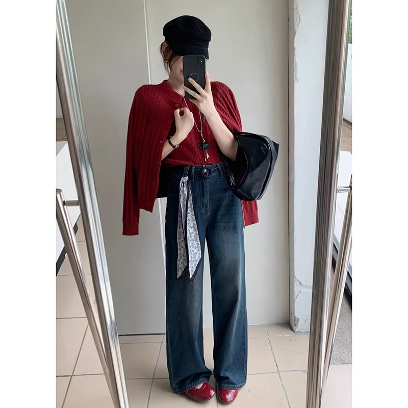 配丝巾复古水洗直筒弹力牛仔裤女秋季宽松洋气潮流时尚显瘦阔腿裤|undefined
