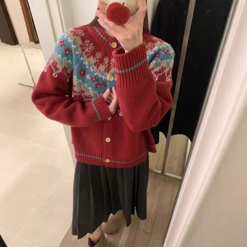 北欧费尔岛针织开衫复古提花甜美风单排扣秋冬季圣诞毛衣女装外套|undefined