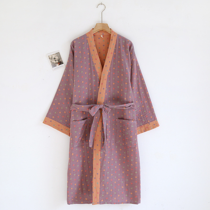 A variety of spring and autumn yarn-dyed pure cotton jacquard gauze nightgown long national style cardigan and wind bathrobe Japanese style bathrobe