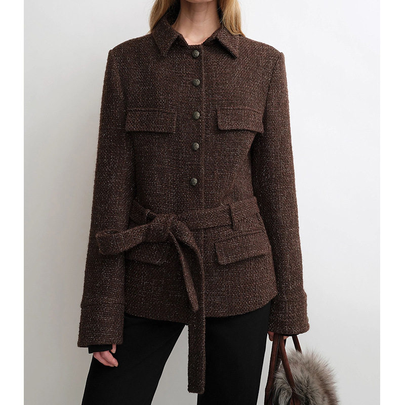 Áo khoác nữ dáng ôm kiểu sơ mi chất liệu dạ tweed lông cừu kèm thắt lưng, dài tay, cổ vest — Màu đỏ rượu Port