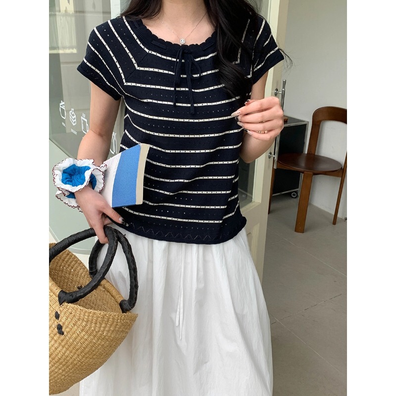 3Th Morning Southern French Melody Hollow Strap Lace Square Neck Striped Knitted Short Sleeve Zy3032 3Th Morning Southern French Melody Hollow Strap Lace Square Neck Striped Knitted Short Sleeve Zy3032