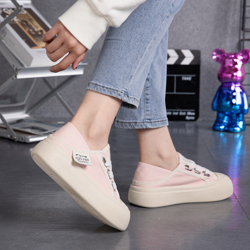  new summer thick-soled canvas shoes for female students, casual half-mug white shoes, breathable and versatile sneakers TMY605