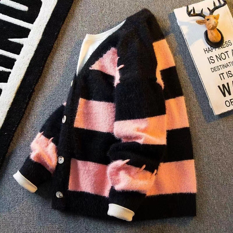 Korean Striped V-Neck Cardigan Sweater for Men in Winter