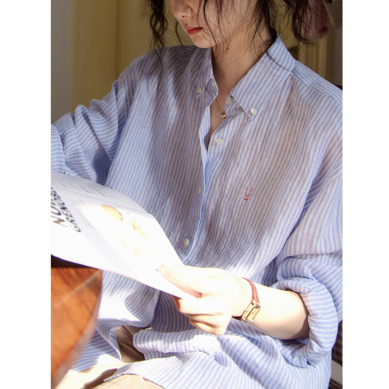 2026Ss Linen Striped Long-Sleeve Shirt with Smiley Face Embroidery for Women, Artistic Style