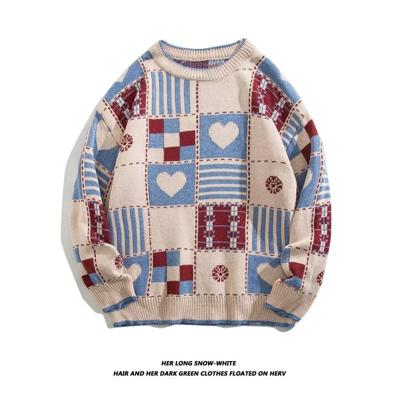 Men's Clothing retro plaid heart round neck sweater _voghion.com