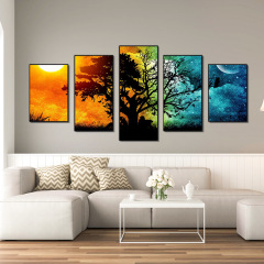 Cross-border new fantasy abstract lover day and night tree landscape painting living room background wall decoration hanging painting framed five-piece painting