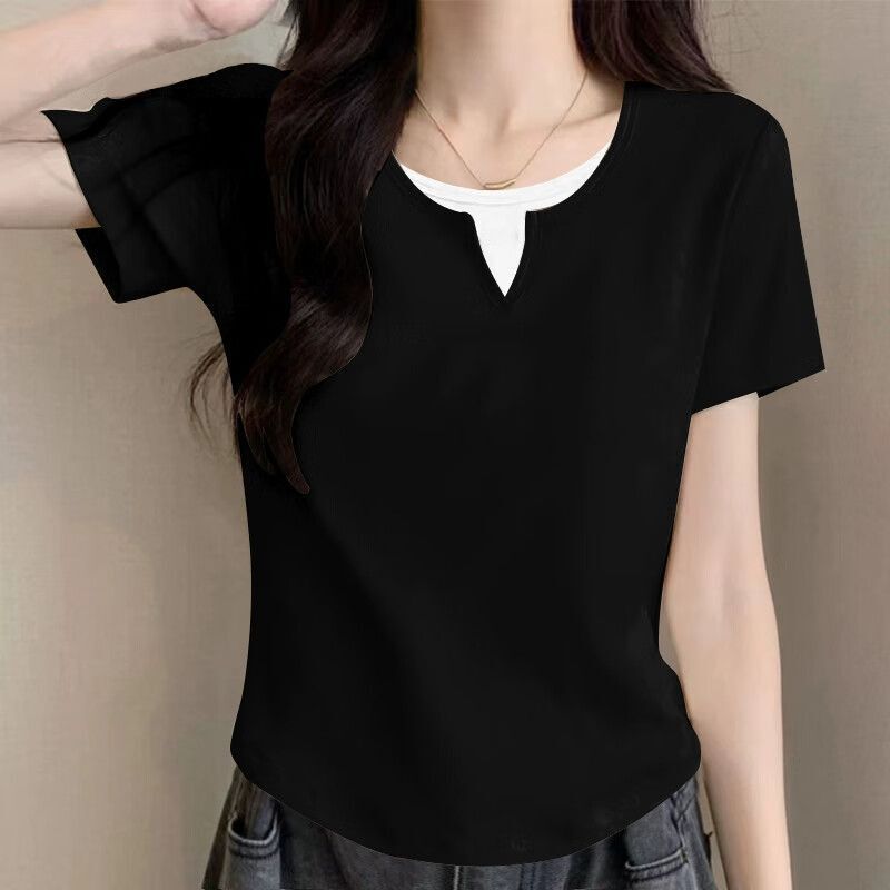 純綿半袖tシャツ女性2025夏の新型デザイン感裾のアーチ型偽の2つのユニークなつなぎ合わせ上着の潮|undefined