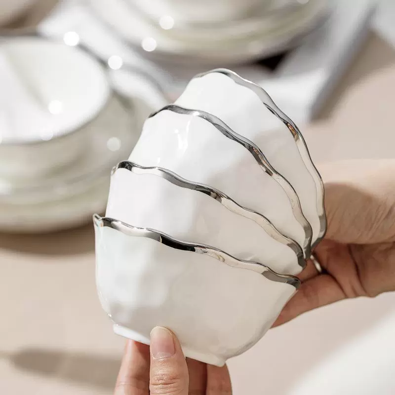 Ceramic Tableware Set, Light Luxury Style, Silver Hammered Hammer-Edge, Multi-piece Soup & Dinner Service