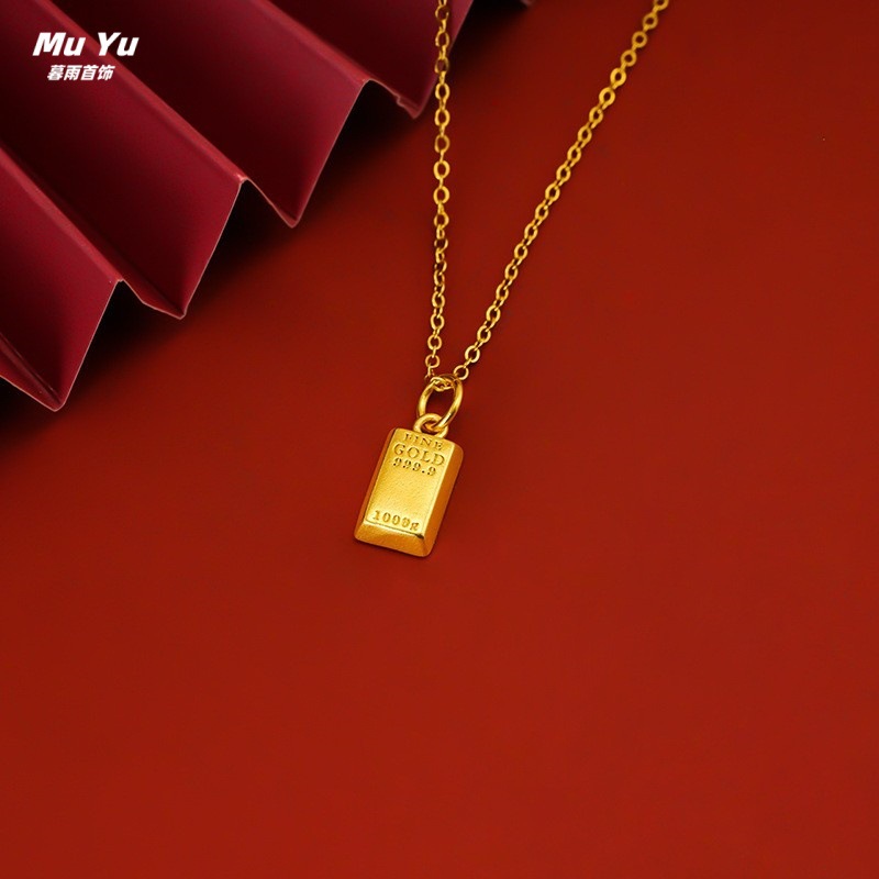 Fortune-Bringing Small Gold Brick Pendant Necklace Jewelry, Long-Lasting Color, Wealth Pendant, Clavicle Chain, Alloy Small Jewelry Wholesale
