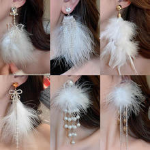 欧美跨境镶钻蝴蝶结羽毛流苏耳钉秋冬气质耳环轻奢时尚高级感耳饰