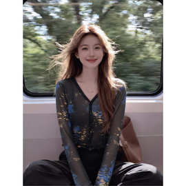 时尚印花扎染长袖开衫短外套女夏季防晒外搭设计罩衫长袖别致上衣