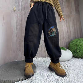 秋冬新款欧版牛仔裤 加绒贴布字母都市休闲个性九分哈伦裤百搭潮