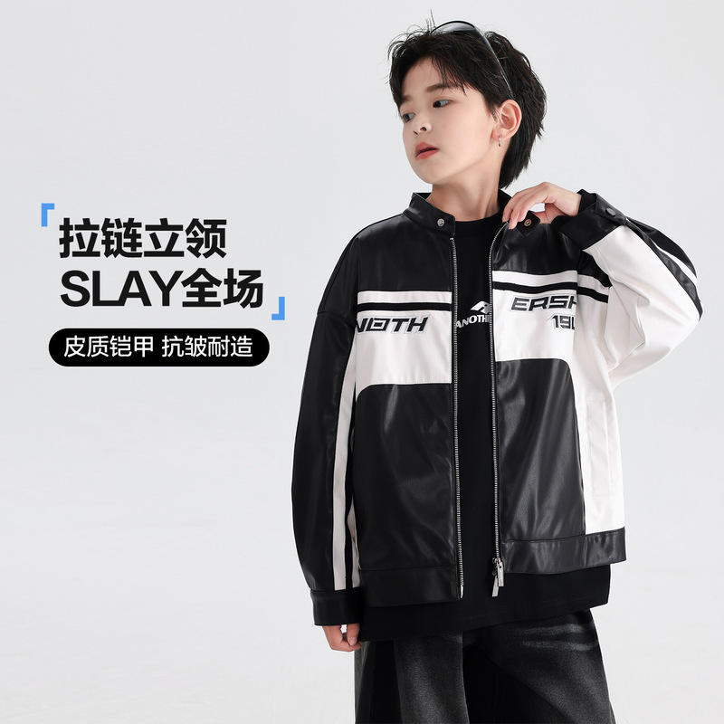 Boys' Spring Clothing, Cool Biker-Style Sports Leather Jacket, 2026 New Children's Clothing, Color-Blocking Waterproof Leather Jacket Boys' Spring Clothing, Cool Biker-Style Sports Leather Jacket, 2026 New Children's Clothing, Color-Blocking Waterproof Leather Jacket