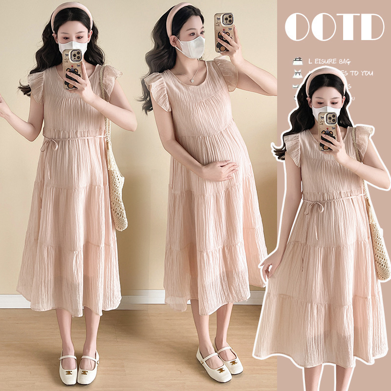 Pregnant Women's Dress 2025 Pregnant Women's Dress Summer Naked Pink Small Flying Sleeve Good-looking A- shaped Fresh Pregnant Women's Dress