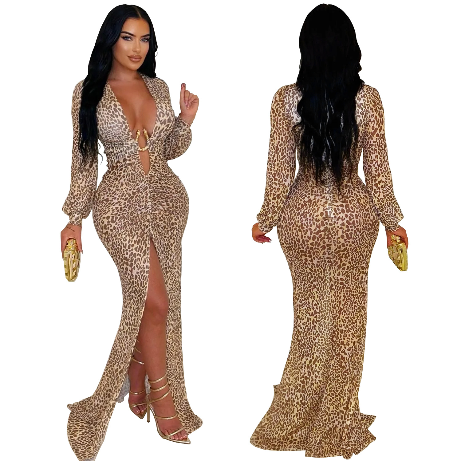 C7571 Aliexpress transfronterizo amazon ropa de moda europea y americana sexy V profunda vestido de brazo bifurcado de leopardo nuevo image 6