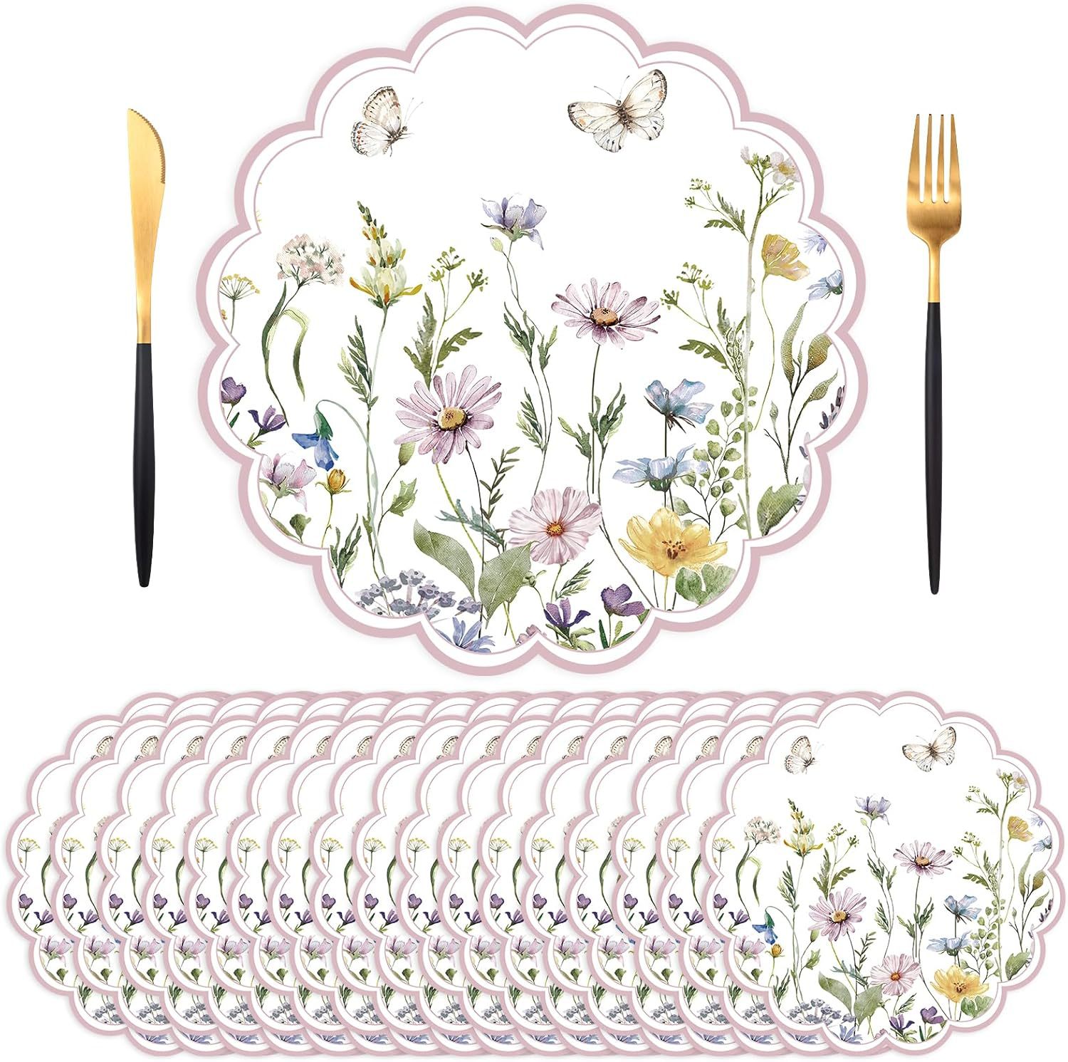 Amazon cross-border light pink floral paper placemats, disposable wedding placemats, unique-shaped spring table decorations for parties