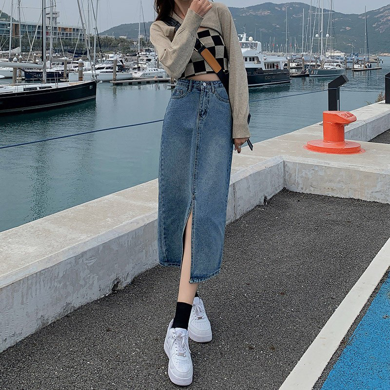 Korean Style Denim Skirt Women's Summer New Ins High Waist Slimming Split A- line Slim Mid-length Straight Skirt