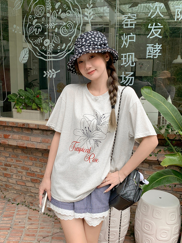 フラワーグレーラウンドネックプリントデザイン半袖Tシャツ女性用2025夏新作ゆったりレイジースタイル薄手トップ|undefined