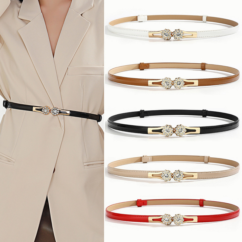 Korean-Style Women's Belt with Buckle, Floral Rhinestone, Thin Suit Belt, Skirt, Sweater, Coat, Waist-Cinching, Lazy Luxury Waist Chain for Women