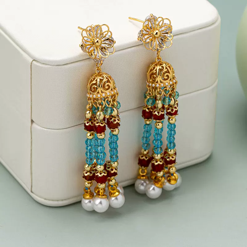 超仙复古民族风流苏耳环百搭高级耳坠女轻奢小众气质镶钻珍珠耳饰