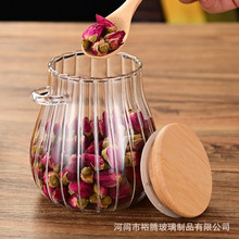 高硼硅 透明玻璃罐 调料罐 储物罐 储物罐耐热玻璃条纹带勺